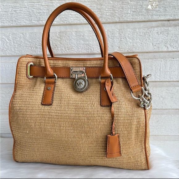Michael Kors Handbags - MICHAEL KORS Straw Burlap Hamilton XL Satchel Laptop Shoulder Bag
